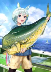  animal animal_ears animal_focus blue_eyes boat bridge cloud commentary_request female fingernails fish fishing_hook fishing_lure flower fusou_(fuso0205) hair_flower hair_ornament hairclip highres holding holding_animal holding_fish horse_ears horse_girl horse_tail looking_at_viewer mahi-mahi ocean open_mouth outdoors pantyhose seiun_sky_(umamusume) shirt short_hair shorts solo tail umamusume watercraft wet 