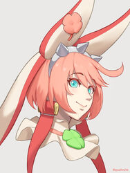  ahoge clover elphelt_valentine female four-leaf_clover guilty_gear guilty_gear_xrd hair_between_eyes hairband highres looking_at_viewer pink_hair portrait roviahc short_hair smile spiked_hairband spikes veil 