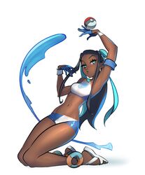  arm_up armlet armpits bike_shorts black_hair breasts commentary crop_top dark-skinned_female dark_skin earrings eyelashes female full_body gloves green_eyes green_hair hair_bun hand_up hoop_earrings jewelry long_hair looking_to_the_side multicolored_hair navel necklace nessa_(pokemon) parted_lips poke_ball poke_ball_(basic) pokemon pokemon_swsh psuede sandals single_hair_bun solo sports_bikini two-tone_hair white_footwear white_wristband 