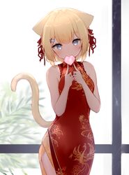  animal_ears bare_arms bare_shoulders blonde_hair blue_eyes breasts cat_ears cat_girl cat_tail cowboy_shot dress female guo582 hair_ornament hairclip hanazono_serena heart highres indie_virtual_youtuber looking_at_viewer red_dress short_hair side_slit sleeveless sleeveless_dress small_breasts solo standing tail tail_raised virtual_youtuber 