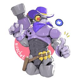  1_eye bandana belt brawl_stars clothing cowboy_hat cyclops featureless_crotch gesture gloves gun hand_gesture handgun handwear hat headgear headwear humanoid kerchief kogito machine male muscular muscular_male not_furry ranged_weapon rico_(brawl_stars) robot solo supercell_(company) thumbs_up weapon 