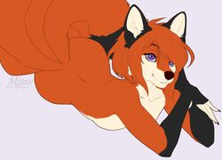  2019 5_fingers anthro belly black_body black_fur brown_nose canid canine cheek_tuft digital_media_(artwork) dipstick_tail ember_(emberphoenix) eyebrows eyelashes facial_tuft female fingers fox fur gloves_(marking) hair inner_ear_fluff lying mammal markings missy_(artist) multi_tail multicolored_tail nude on_front orange_body orange_fur orange_hair purple_eyes simple_background smile solo tail tail_markings tuft white_background white_belly 