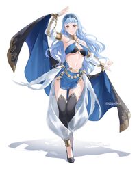  absurdres alternate_costume bare_shoulders black_thighhighs blue_hair blue_hairband blue_skirt blunt_bangs breasts cleavage commentary commission cosplay detached_sleeves female fire_emblem fire_emblem:_three_houses fire_emblem_awakening fire_emblem_warriors:_three_hopes full_body grey_eyes hairband highres large_breasts long_hair long_sleeves looking_at_viewer marianne_von_edmund midriff moja_(rainpoow) navel official_alternate_hairstyle olivia_(fire_emblem) olivia_(fire_emblem)_(cosplay) simple_background skirt solo standing stomach thighhighs thighs very_long_hair white_background 