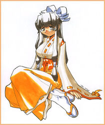  1990s_(style) black_eyes black_hair border elf_k female final_romance_4 full_body hakama hakama_pants japanese_clothes long_hair long_sleeves marker_(medium) miko non-web_source official_art orange_hakama pants retro_artstyle ribbon-trimmed_sleeves ribbon_trim sandals sidelocks simple_background sitting smile solo tabi traditional_media white_background zouri 