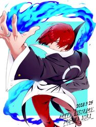  1boy bad_id bad_twitter_id blue_fire character_name choker crescent_print dated evil_grin evil_smile fire from_behind grin hair_over_one_eye happy_birthday jewelry juu_satoshi male_focus pyrokinesis red_eyes red_hair ring smile solo the_king_of_fighters unbuttoned_sleeves wing_collar yagami_iori 