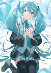  39 :d ahoge aqua_eyes aqua_hair aqua_neckwear balloon bangs black_footwear black_skirt black_sleeves boots collared_shirt detached_sleeves female grey_shirt grin hatsune_miku heart heart_balloon heiwa_(murasiho) highres kneeling long_hair long_sleeves looking_at_viewer miniskirt necktie open_mouth own_hands_together pleated_skirt shirt simple_background skirt smile solo teeth thigh_boots thighhighs twintails very_long_hair vocaloid white_background 