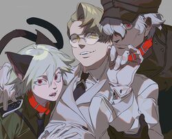  3boys absurdres animal_ears blonde_hair captain_(hellsing) cat_ears chinese_commentary collar commentary glasses gloves grey_background grin hair_between_eyes hat hellsing highres jacket kuromorimine_military_uniform major_(hellsing) mgong520 military military_jacket military_uniform multiple_boys necktie red_eyes schroedinger_(hellsing) short_hair simple_background smile tail uniform white_gloves white_hair yellow_eyes 