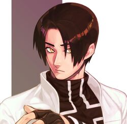  1boy bad_id bad_twitter_id black_hair brown_eyes brown_hair cross_print curtained_hair fingerless_gloves gloves jacket juu_satoshi kusanagi_kyou looking_at_viewer male_focus parted_hair solo the_king_of_fighters turtleneck upper_body white_jacket 