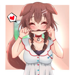  :3 absurdres animal_collar animal_ears beef_jerky biting blush bone_hair_ornament braid brown_hair cartoon_bone chewing choker closed_eyes collar collarbone commentary dog_ears dog_girl dog_tail dress eyelashes fangs female hair_ornament hairclip highres hololive inugami_korone inugami_korone_(1st_costume) long_hair low_twin_braids paw_ornament smile solo tail temari_maco twin_braids virtual_youtuber w_arms white_dress 