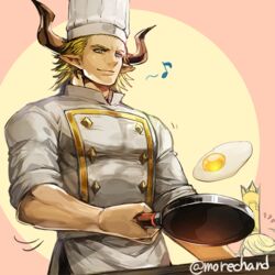  1boy baotorda bara blonde_hair charlotta_(granblue_fantasy) chef chef_hat cooking cow_boy cow_horns draph egg_yolk feet_out_of_frame female frying_pan granblue_fantasy harvin hat holding holding_frying_pan horns male_focus mature_male moreshan muscular muscular_male pectorals short_hair sideburns sleeves_rolled_up solo_focus tight_clothes 