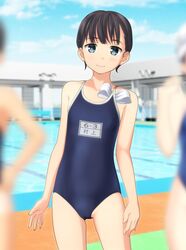  3girls ass_visible_through_thighs bad_id bad_twitter_id black_hair blue_eyes blue_one-piece_swimsuit blue_sky blurry cloud commentary_request competition_school_swimsuit contrapposto cowboy_shot day depth_of_field flat_chest highres looking_at_viewer multiple_girls name_tag object_in_clothes object_in_swimsuit one-piece_swimsuit original outdoors pool school_swimsuit short_hair sky smile solo_focus swimsuit takafumi unworn_swim_cap 