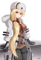  arms_behind_back artist_name belt_bag black_gloves black_pantyhose blonde_hair blush breasts brown_sweater closed_mouth coat cosplay english_commentary feet_out_of_frame female fur-trimmed_coat fur-trimmed_sleeves fur_hat fur_trim gamryous girls&#039;_frontline gloves hat hat_ornament highres long_hair long_sleeves looking_at_viewer medium_breasts mosin-nagant_(girls&#039;_frontline) mosin-nagant_(girls&#039;_frontline)_(cosplay) mosin-nagant_(mod3)_(girls&#039;_frontline) necktie open_clothes open_coat pantyhose papakha red_eyes red_necktie red_star smile solo standing star_(symbol) star_hat_ornament sv-98_(girls&#039;_frontline) sweater white_background white_coat white_hat 