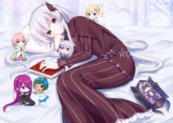  absurdres bed_sheet black_capelet black_skirt book brown_eyes butterfly_hair_ornament capelet carmilla_(re:zero) character_doll closed_mouth colored_eyelashes commentary_request covered_eyes daphne_(re:zero) echidna_(re:zero) female grey_hair hair_between_eyes hair_ornament hair_over_one_eye hair_spread_out highres long_hair long_skirt long_sleeves lying minerva_(re:zero) nemu_mohu on_side pink_hair re:zero_kara_hajimeru_isekai_seikatsu satella_(re:zero) sekhmet_(re:zero) skirt smile solo striped_clothes striped_skirt typhon_(re:zero) vertical-striped_clothes vertical-striped_skirt very_long_hair white_hair 