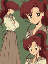  bishoujo_senshi_sailor_moon blush brown_hair brown_skirt earrings female flower_earrings green_background green_eyes hair_ornament highres jewelry kino_makoto kino_makoto&#039;s_school_uniform multiple_views nzeneee ponytail school_uniform skirt smile 