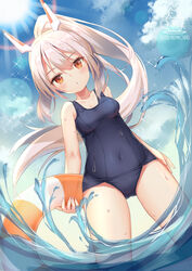  :o aliter artist_logo ayanami_(azur_lane) azur_lane bare_arms bare_shoulders blue_one-piece_swimsuit blue_sky blush brown_eyes cloud cloudy_sky collarbone commentary_request covered_navel day dutch_angle female fingernails hair_between_eyes headgear high_ponytail highres holding holding_swim_ring innertube light_brown_hair long_hair looking_at_viewer old_school_swimsuit one-piece_swimsuit outdoors parted_lips ponytail school_swimsuit sidelocks sky solo standing summer sunlight swim_ring swimsuit very_long_hair wading water wet 