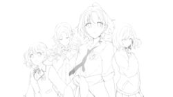  4girls ahoge asakura_toru badge blazer breast_pocket button_badge byougaku closed_eyes clothes_around_waist commentary_request fukumaru_koito greyscale hair_bun hair_ornament hairclip hands_on_own_chest higuchi_madoka ichikawa_hinana idolmaster idolmaster_shiny_colors jacket jacket_around_waist long_hair long_sleeves looking_at_viewer monochrome multiple_girls navel neck_ribbon necktie noctchill_(idolmaster) open_collar parted_bangs pen_in_pocket pleated_skirt pocket puffy_short_sleeves puffy_sleeves ribbon school_uniform short_hair short_sleeves single_side_bun skirt sleeveless sleeves_rolled_up sweater thumbnail_surprise translation_request transparent_background twintails 