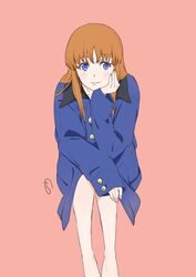  blue_eyes brown_hair closed_mouth coat female kobayashi_chizuru long_hair looking_at_viewer mitsumete_knight no_pants simple_background smile solo sophia_robelingue 