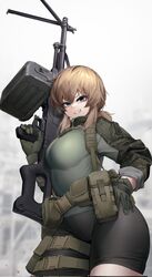  bad_id bad_twitter_id bike_shorts blonde_hair blue_eyes corrupted_twitter_file female gloves gun highres holding holding_gun holding_weapon holster jacket machine_gun nine_(kanine41) original pkp_pecheneg ponytail shorts smersh solo thigh_holster trigger_discipline vesna_(dutchko) weapon 