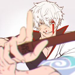  1boy bad_id bad_twitter_id blood blood_on_face blurry bokken depth_of_field fighting_stance gintama grin hadanugi_dousa japanese_clothes juu_satoshi kimono male_focus open_clothes open_kimono outstretched_hand popped_collar sakata_gintoki smile solo spiked_hair sword sword_writing weapon white_hair wooden_sword 