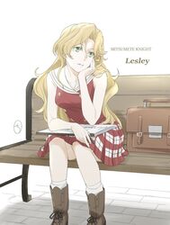  bag bench blonde_hair boots breasts brick_floor character_name copyright_name feet_out_of_frame female green_eyes hand_on_own_chin highres kobayashi_chizuru lesley_lopicana long_hair mitsumete_knight sitting skirt solo white_background 