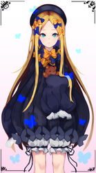  abigail_williams_(fate) absurdres black_bow black_dress black_hat blonde_hair bloomers blue_eyes bow closed_mouth commentary dress fate/grand_order fate_(series) female forehead hairbow hat highres holding holding_stuffed_toy long_hair long_sleeves looking_at_viewer multiple_hair_bows orange_bow parted_bangs photoshop_(medium) polka_dot polka_dot_bow ribbed_dress sleeves_past_fingers sleeves_past_wrists solo stuffed_animal stuffed_toy teddy_bear underwear wangyq white_background white_bloomers 