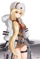  arms_behind_back artist_name belt_bag black_gloves blonde_hair blush breasts brown_sweater closed_mouth coat cosplay english_commentary feet_out_of_frame female fur-trimmed_coat fur-trimmed_sleeves fur_hat fur_trim gamryous girls&#039;_frontline gloves hair_over_shoulder hat hat_ornament highres long_hair long_sleeves looking_at_viewer medium_breasts mosin-nagant_(girls&#039;_frontline) mosin-nagant_(girls&#039;_frontline)_(cosplay) mosin-nagant_(mod3)_(girls&#039;_frontline) necktie open_clothes open_coat papakha red_eyes red_necktie red_star smile solo standing star_(symbol) star_hat_ornament sv-98_(girls&#039;_frontline) sweater white_background white_coat white_hat 