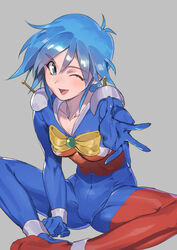  ;d absurdres allenby_beardsley antennae blue_bodysuit blue_eyes blue_hair bodysuit bow breasts collarbone commentary covered_navel female g_gundam grey_background gundam hand_on_floor highres indian_style looking_at_viewer medium_breasts mobile_trace_suit multicolored_bodysuit multicolored_clothes one_eye_closed open_mouth pilot_suit reaching reaching_towards_viewer red_bodysuit science_fiction short_hair sitting skin_tight smile solo tanakalma 