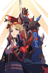  3girls absurdres admire_vega_(umamusume) animal_ears arm_up armband belt black_coat blue_jacket blue_pants breasts brown_hair cape cleavage coat commentary corset cosplay crown debris goggles goggles_on_head grey_shirt hand_up highres horse_ears horse_girl horse_tail jacket kamina_(ttgl) kamina_(ttgl)_(cosplay) kamina_shades long_sleeves low_ponytail meka_aoratos mini_crown multiple_girls multiple_views narita_top_road_(umamusume) open_clothes open_coat open_mouth orange_eyes pants parted_lips red_cape scarf shirt short_hair simon_(ttgl) simon_(ttgl)_(cosplay) sleeveless sleeveless_shirt small_breasts smile sunburst t.m._opera_o_(umamusume) tail tail_through_clothes tengen_toppa_gurren_lagann torn_cape torn_clothes umamusume umamusume:_road_to_the_top 