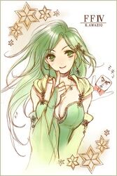  aged_up amazio_komeko breasts cape cleavage closed_mouth detached_sleeves earrings female final_fantasy final_fantasy_iv green_eyes green_hair hair_ornament jewelry long_hair looking_at_viewer rydia_(ff4) smile solo white_background 