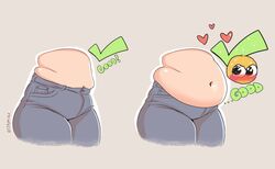  absurdres big_belly blush checkmark cropped_legs cropped_torso denim emoji english_text fat fat_rolls grey_background heart highres jeans multiple_views navel original outline pants plump sjryker skindentation sweat twitter_username white_outline 