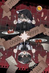  2boys 999_mandu ? ?? bandaid bandaid_on_cheek bandaid_on_face black_bow black_hair black_shirt blood blood_from_mouth blood_on_knife bow bright_pupils chibi closed_mouth commentary_request eyeball fork grey_eyes grid_background hair_between_eyes hands_up highres holding holding_fork holding_knife hood hood_up kim_dokja knife korean_commentary long_sleeves looking_at_viewer male_focus multiple_boys omniscient_reader&#039;s_viewpoint open_mouth paper plate red_background scar scar_on_face scar_on_hand severed_finger shirt short_hair smile table upper_body white_pupils white_shirt yoo_joonghyuk 