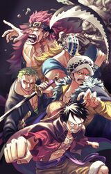  5boys cross_scar eustass_kid facial_hair fighting_stance frown goatee goggles goggles_on_head green_hair green_kimono highres holding holding_sword holding_weapon jaguar_print japanese_clothes katana killer_(one_piece) kimono living_(pixiv5031111) long_sideburns male_focus monkey_d._luffy multiple_boys multiple_girls one_piece open_clothes open_shirt pectoral_cleavage pectorals roronoa_zoro scar scar_on_chest scythe short_hair sideburns sword toned toned_male trafalgar_law weapon 