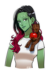  1boy aged_down animification apple black_eyes black_hair colored_skin commentary_request female food fruit gamora green_skin grey_eyes groot guardians_of_the_galaxy highres light_smile lips marvel marvel_cinematic_universe mini_person miniboy monster_boy multicolored_hair no_feet no_pupils okada_(hoooojicha) plant_boy purple_hair shirt sitting_on_shoulder size_difference t-shirt two-tone_hair upper_body 