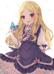  :d animal_on_hand black_dress blonde_hair blush bow braid bug butterfly commentary_request dress female frilled_dress frills hand_up idolmaster idolmaster_cinderella_girls long_hair looking_at_viewer minamiya_mia mochizuki_hijiri open_mouth parted_bangs pink_bow puffy_short_sleeves puffy_sleeves shirt short_sleeves sleeveless sleeveless_dress smile solo very_long_hair white_background white_shirt 