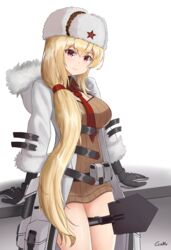  arms_behind_back artist_name belt_bag black_gloves blonde_hair blush breasts brown_sweater closed_mouth coat cosplay english_commentary feet_out_of_frame female fur-trimmed_coat fur-trimmed_sleeves fur_hat fur_trim gamryous girls&#039;_frontline gloves hat hat_ornament highres long_hair long_sleeves looking_at_viewer medium_breasts mosin-nagant_(girls&#039;_frontline) mosin-nagant_(girls&#039;_frontline)_(cosplay) mosin-nagant_(mod3)_(girls&#039;_frontline) necktie open_clothes open_coat papakha red_eyes red_necktie red_star shovel smile solo standing star_(symbol) star_hat_ornament sv-98_(girls&#039;_frontline) sweater white_background white_coat white_hat 