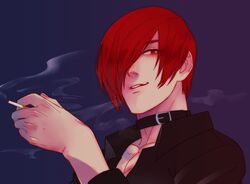  1boy bad_id bad_twitter_id choker cigarette eyeshadow hair_over_one_eye holding holding_cigarette juu_satoshi looking_at_viewer looking_down makeup male_focus red_eyes red_eyeshadow red_hair smirk solo the_king_of_fighters yagami_iori 