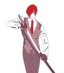  1boy bad_id bad_twitter_id flat_color gloves hair_over_one_eye juu_satoshi katana male_focus necktie red_eyes red_hair sheath solo sword the_king_of_fighters tie_clip unsheathing vest waistcoat weapon yagami_iori 