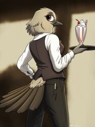  absurd_res anthro avian beverage bird bottomwear clothing dress_shirt female fish_birb hi_res looking_back milkshake millie_(fish_birb) oscine pants passerine shirt solo starling_(bird) tail topwear vest waiter waiter_suit waiter_tray 