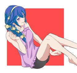  bad_id bad_twitter_id blue_eyes blue_hair blush braid camisole female fire_emblem fire_emblem_awakening flower frilled_shirt_collar frills hair_flower hair_ornament juu_satoshi legs long_hair lucina_(fire_emblem) side_braid smile solo tiara 