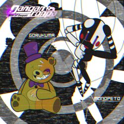  1:1 1_eye 2020 abstract_background absurd_res ambiguous_gender animate_inanimate anthro barefoot bear black_background black_body black_eyes black_nose bodily_fluids bow_tie button_(fastener) clothing crossover danganronpa duo english_text facial_markings fan_character feet five_nights_at_freddy&#039;s five_nights_at_freddy&#039;s_2 golden_freddy_(fnaf) gorukuma hand_on_belly hand_on_body hand_on_head hat head_markings headgear headwear hi_res jmtacda lips looking_at_viewer male mammal marionette_(fnaf) markings monokuma monopeto multicolored_body multicolored_eyes notched_ear open_mouth pawpads paws plushie pose puppet purple_eyes raised_arm red_lips rosy_cheeks scared scottgames sharp_teeth simple_background simple_eyes sitting smile spike_chunsoft spread_legs spreading static stitch_(sewing) string tear_(marking) tears teddy_bear teeth text top_hat two_tone_body white_background white_body white_eyes x_eyes yellow_body 