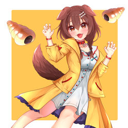  :3 :d absurdres animal_collar animal_ears blush bone_hair_ornament bow bracelet braid breasts brown_eyes brown_hair buttons cartoon_bone chocolate_cornet choker claw_pose collar commentary cowboy_shot dog_ears dog_girl dog_tail dress fangs female fingernails food hair_between_eyes hair_ornament hairclip highres hololive inugami_korone inugami_korone_(1st_costume) jacket jewelry long_hair looking_at_viewer low_twin_braids low_twintails medium_breasts nail_polish open_mouth raised_eyebrows red_bow red_collar short_dress smile solo tail temari_maco twin_braids twintails virtual_youtuber white_dress wristband yellow_jacket 