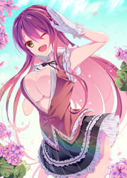  ;d aqua_background bare_arms black_skirt blouse breasts cleavage colored_eyelashes cowboy_shot female flower flower_knight_girl frilled_skirt frills geranium geranium_(flower_knight_girl) gloves highres large_breasts long_hair looking_at_viewer name_connection object_namesake one_eye_closed open_mouth pink_flower red_hair red_shirt remoyona shirt skirt sleeveless sleeveless_shirt smile solo white_gloves yellow_eyes 