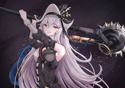  arknights arms_up bare_shoulders black_dress breasts circular_saw cleavage detached_sleeves dress female grey_hair hat highres holding holding_weapon light_particles long_hair long_sleeves parted_lips photoshop_(medium) saw smile solo specter_(arknights) specter_the_unchained_(arknights) upper_body very_long_hair weapon white_hat yoshi-j 