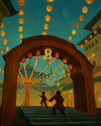  2boys aged_down arch avatar:_the_last_airbender avatar_legends barrel devin_elle_kurtz evening father_and_son hair_bun highres holding_hands iroh lantern lu_ten male_focus moon multiple_boys pagoda photoshop_(medium) pointing scenery single_hair_bun sky stairs town walking 