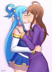  2girls absurdres ahoge aqua_(konosuba) artist_name blue_hair blue_skirt blush breasts brown_hair closed_eyes commentary_request dress hair_bobbles hair_ornament hand_on_another&#039;s_head hand_on_another&#039;s_hip hand_on_another&#039;s_shoulder highres hug kissing kono_subarashii_sekai_ni_shukufuku_wo! lackatask large_breasts long_hair miniskirt multiple_girls no_panties purple_dress simple_background skirt standing white_background wiz_(konosuba) yuri 