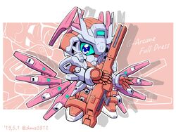  blue_eyes character_name chibi commentary g-arcane gun gundam gundam_g_no_reconguista holding holding_gun holding_weapon looking_at_viewer mecha mechanical_skirt no_humans rifle robot science_fiction shokkaa_(shmz61312) sniper_rifle solo v-fin weapon 