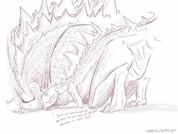  4:3 anthro claws dialogue duo english_text fangs female godzilla godzilla_(series) male male/female open_mouth open_smile simple_background sleeping smile spikes teeth text toho vipery-07 white_background zilla 