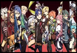  5girls 6+boys :d alisa_reinford aqua_hair blonde_hair blue_hair braid closed_mouth commentary_request crow_armbrust eiyuu_densetsu elliot_craig emma_millstein fie_claussell fighting_stance funa_(33781408) gaius_worzel glasses green_eyes grey_hair gun holding holding_gun holding_sword holding_weapon jusis_albarea laura_s._arseid looking_at_viewer looking_back machias_regnitz millium_orion multiple_boys multiple_girls open_mouth orange_hair pink_hair rean_schwarzer red_eyes sen_no_kiseki serious smile sword weapon white_hair yellow_eyes 