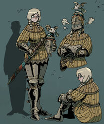  animal_on_head armor blonde_hair blue_background blue_eyes blush braid buttons commentary crest crossed_arms cuisses english_commentary female gambeson gauntlets goat greaves height_mark helmet highres ho-uja holding holding_helmet holding_sword holding_weapon horn_(instrument) horns knight korean_commentary looking_at_another medieval medium_hair mixed-language_commentary multiple_views nose_blush on_head original sabaton sheath sheathed simple_background sitting sword twin_braids vambraces weapon 