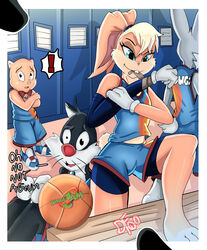  3_toes ball barefoot basketball basketball_(ball) basketball_uniform blonde_hair buckteeth bugs_bunny cheek_tuft clothed clothing darkfang100 domestic_cat domestic_pig english_text facial_tuft feet felid feline felis female gloves group hair handwear hi_res lagomorph leporid locker_room lola_bunny looney_tunes male mammal porky_pig rabbit sabastian scut_tail shirt short_tail space_jam space_jam:_a_new_legacy sportswear suid suina sus_(pig) sylvester_(looney_tunes) tail tank_top teeth text text_on_clothing text_on_shirt text_on_tank_top text_on_topwear toes topwear tuft tune_squad_outfit tune_squad_outfit_(2021) uniform warner_brothers white_clothing white_gloves white_handwear 